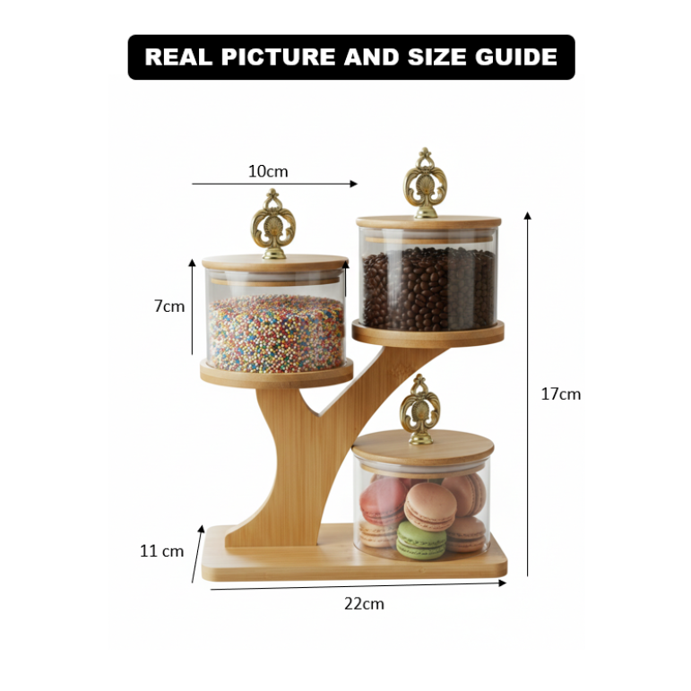 TriLevel Ribbed Glass Container Set with Bamboo Stand - All-In-One Store Pakistan