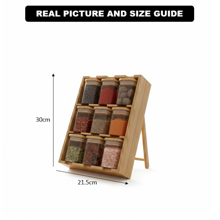 The Spice Slope: 9-Jar Fixed-Angle Bamboo & Glass Gallery (1132) - All-In-One Store Pakistan