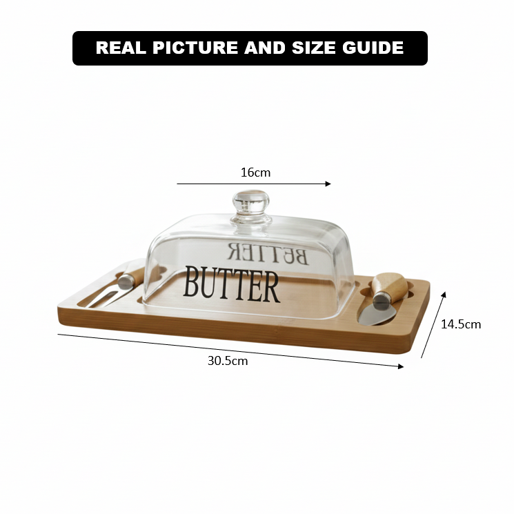 Glass Butter Dish with Bamboo Base & Dual Knives - All-In-One Store Pakistan