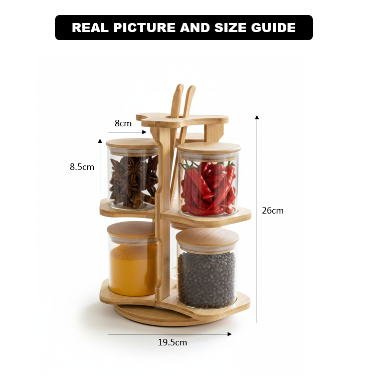 360° Bamboo & Glass Culinary Carousel with Round Jars (1134) - All-In-One Store Pakistan