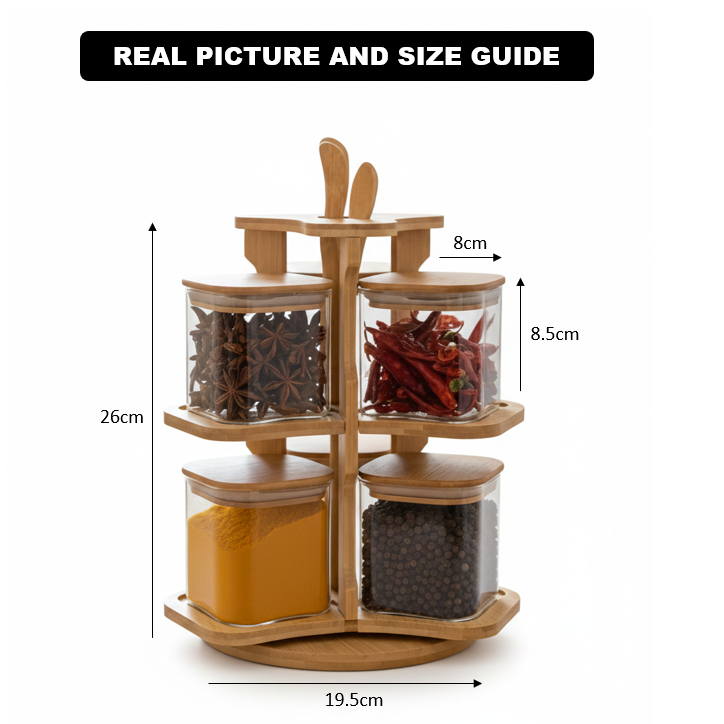 360° Bamboo & Glass Culinary Carousel with Square Jars (1135) - All-In-One Store Pakistan