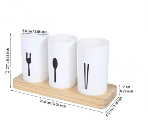 3-Piece Modern Utensil Holder with Wooden Display Tray - All-In-One Store Pakistan