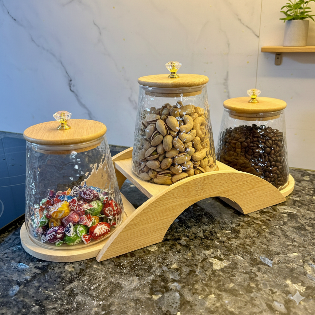 Decorative Bridge-Design Jar Trio with Natural Wooden Stand (1101) - All-In-One Store Pakistan