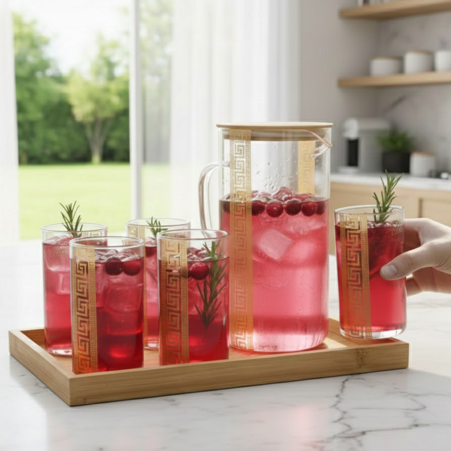 GoldLine Patterned 8-Pcs Glass Beverage Set - All-In-One Store Pakistan