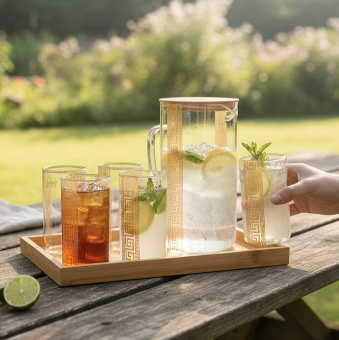 GoldLine Patterned 8-Pcs Glass Beverage Set - All-In-One Store Pakistan