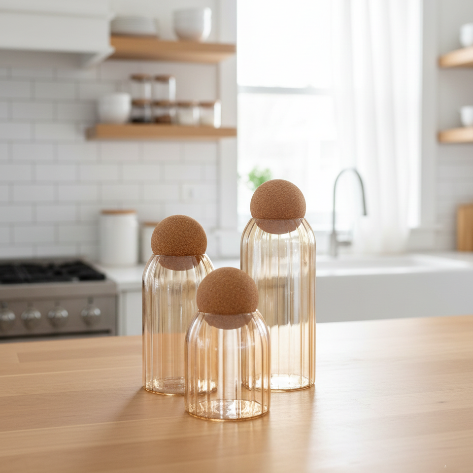 Ribbed Tinted Glass Storage Jars with Wooden Ball Lids - All-In-One Store Pakistan