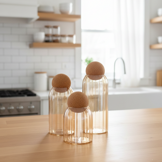 Ribbed Tinted Glass Storage Jars with Wooden Ball Lids - All-In-One Store Pakistan