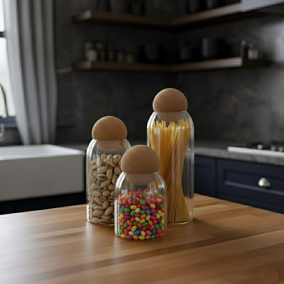 Ribbed Tinted Glass Storage Jars with Wooden Ball Lids - All-In-One Store Pakistan