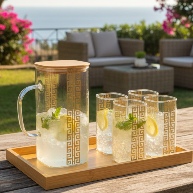 GoldLine Patterned 8-Pcs Glass Beverage Set - All-In-One Store Pakistan
