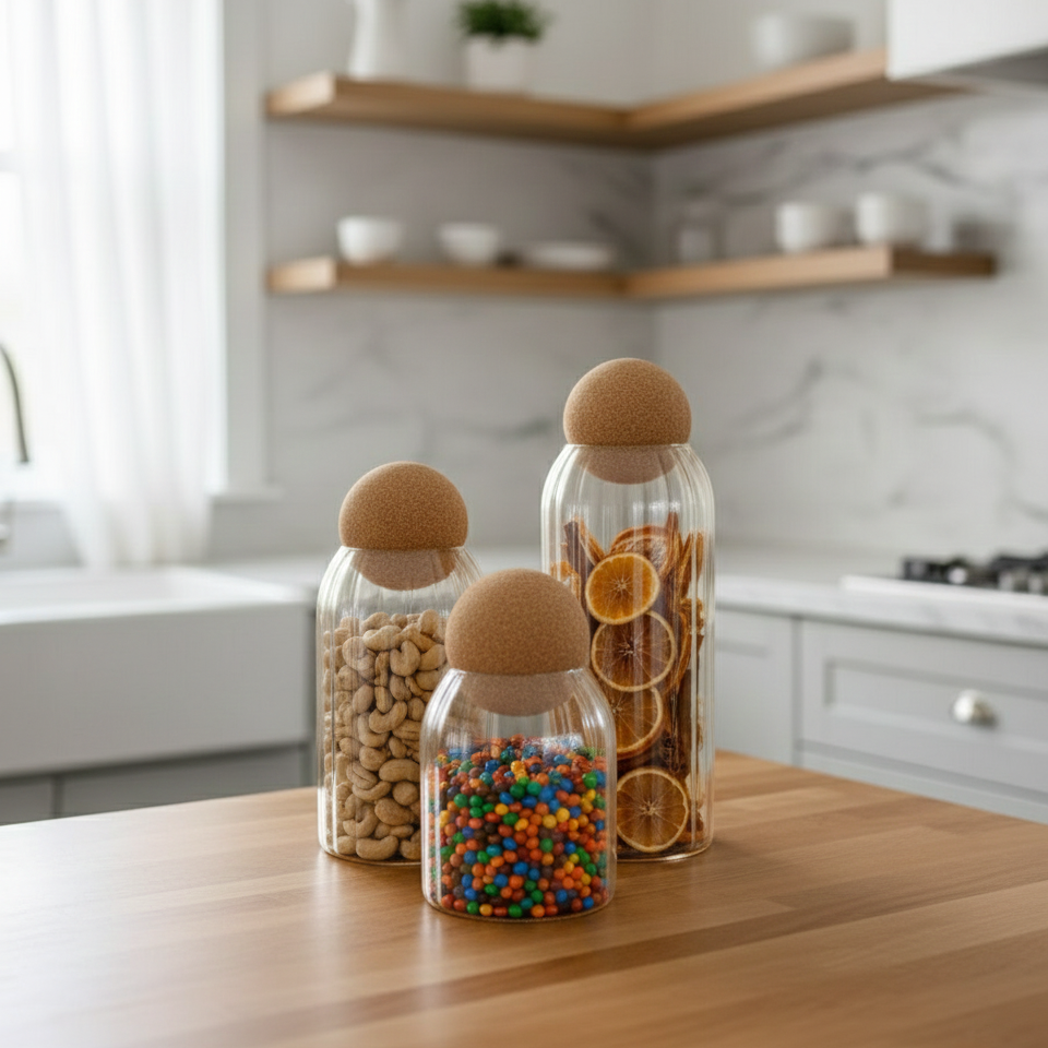 Ribbed Tinted Glass Storage Jars with Wooden Ball Lids - All-In-One Store Pakistan