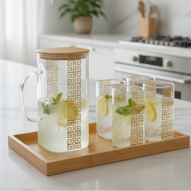 GoldLine Patterned 8-Pcs Glass Beverage Set - All-In-One Store Pakistan