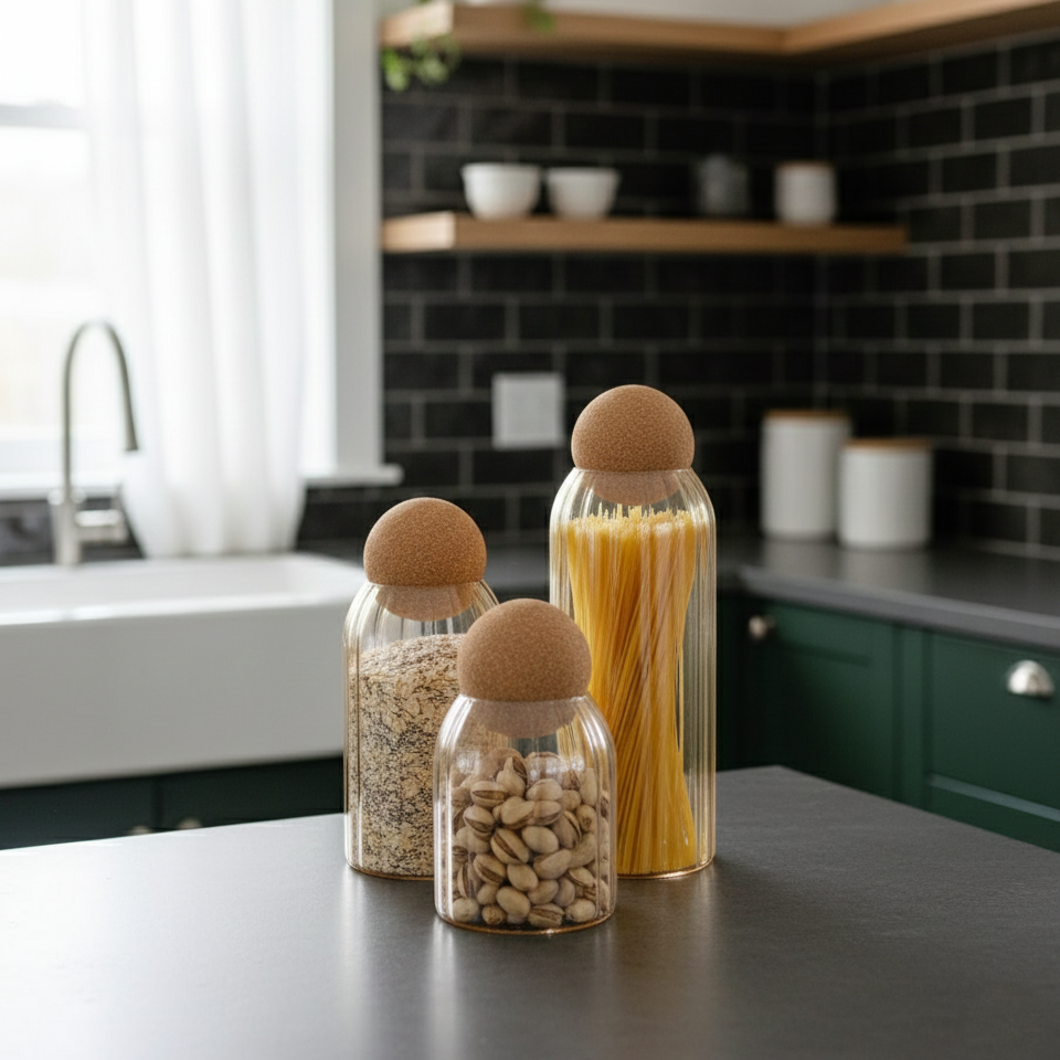 Ribbed Tinted Glass Storage Jars with Wooden Ball Lids - All-In-One Store Pakistan