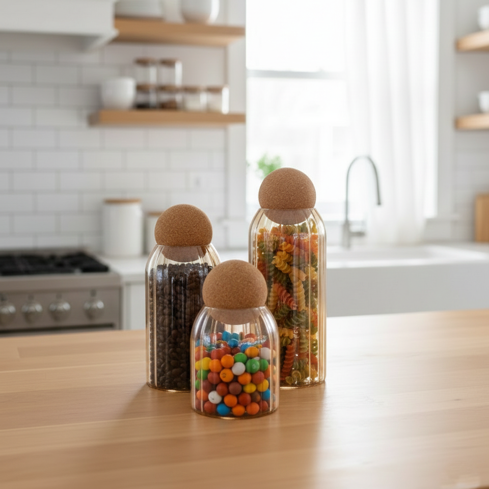 Ribbed Tinted Glass Storage Jars with Wooden Ball Lids - All-In-One Store Pakistan