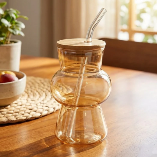 Hourglass Shaped Tinted Glass Tumbler with Straw - All-In-One Store Pakistan