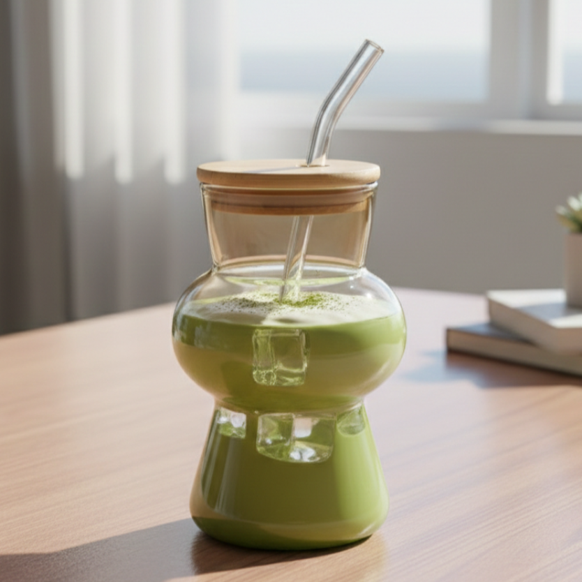 Hourglass Shaped Tinted Glass Tumbler with Straw - All-In-One Store Pakistan