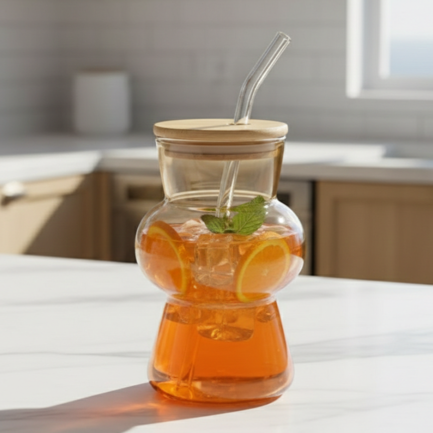 Hourglass Shaped Tinted Glass Tumbler with Straw - All-In-One Store Pakistan