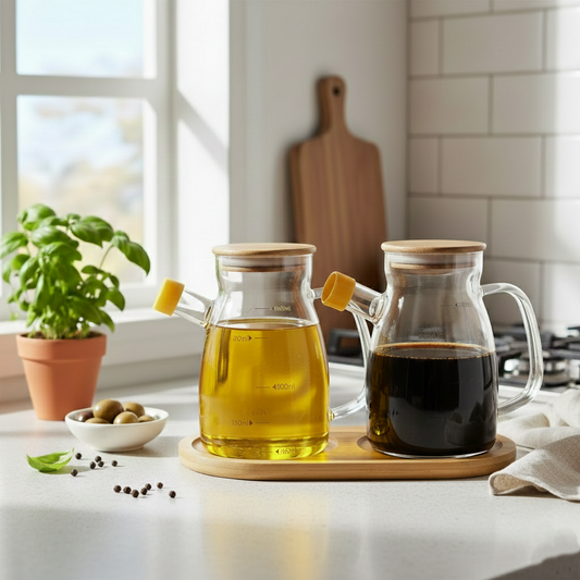 DuoPour Premium Glass Oil & Vinegar Set with Wooden Tray (1157) - All-In-One Store Pakistan