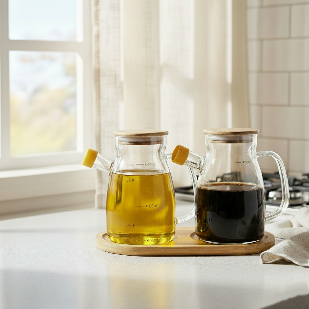 DuoPour Premium Glass Oil & Vinegar Set with Wooden Tray (1157) - All-In-One Store Pakistan