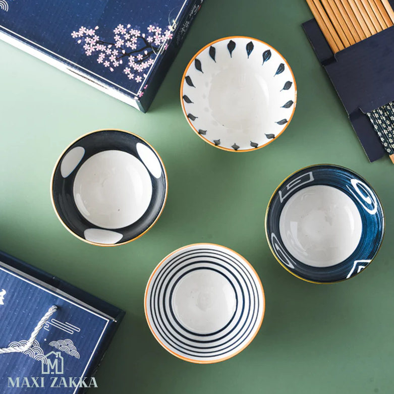 Modern Indigo Ceramic Bowls Set with Chopsticks - All-In-One Store Pakistan