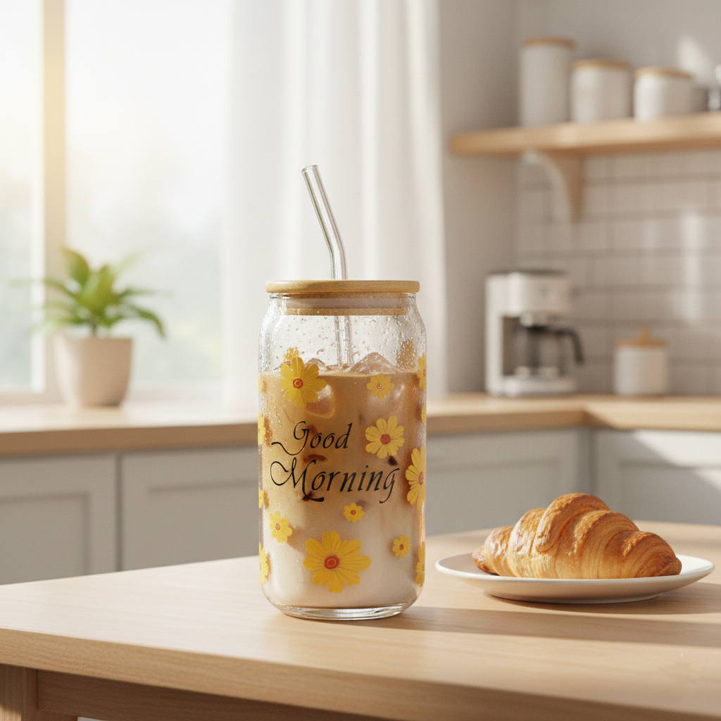 SunDaisy Printed Glass Tumbler with Straw - All-In-One Store Pakistan