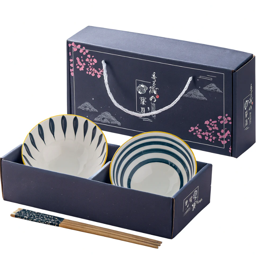 Modern Indigo Ceramic Bowls Set with Chopsticks - All-In-One Store Pakistan