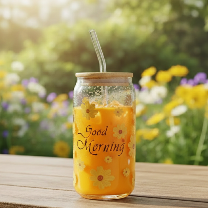 SunDaisy Printed Glass Tumbler with Straw - All-In-One Store Pakistan