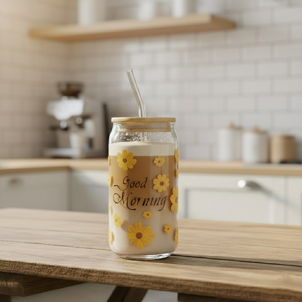 SunDaisy Printed Glass Tumbler with Straw - All-In-One Store Pakistan
