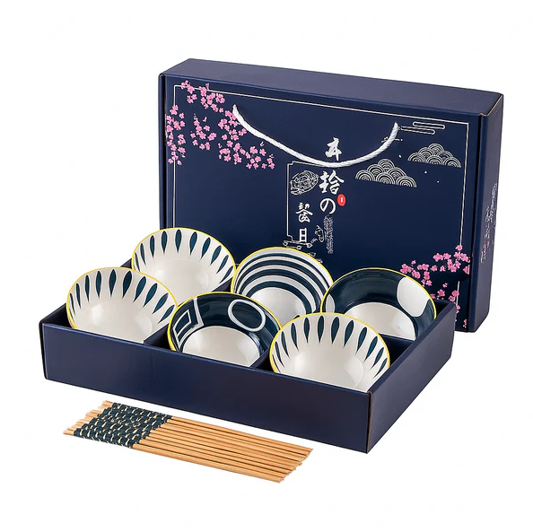 Modern Indigo Ceramic Bowls Set with Chopsticks - All-In-One Store Pakistan