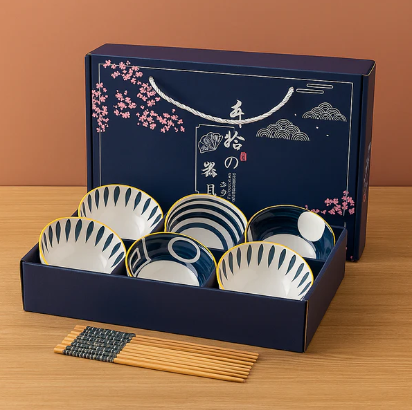 Modern Indigo Ceramic Bowls Set with Chopsticks - All-In-One Store Pakistan
