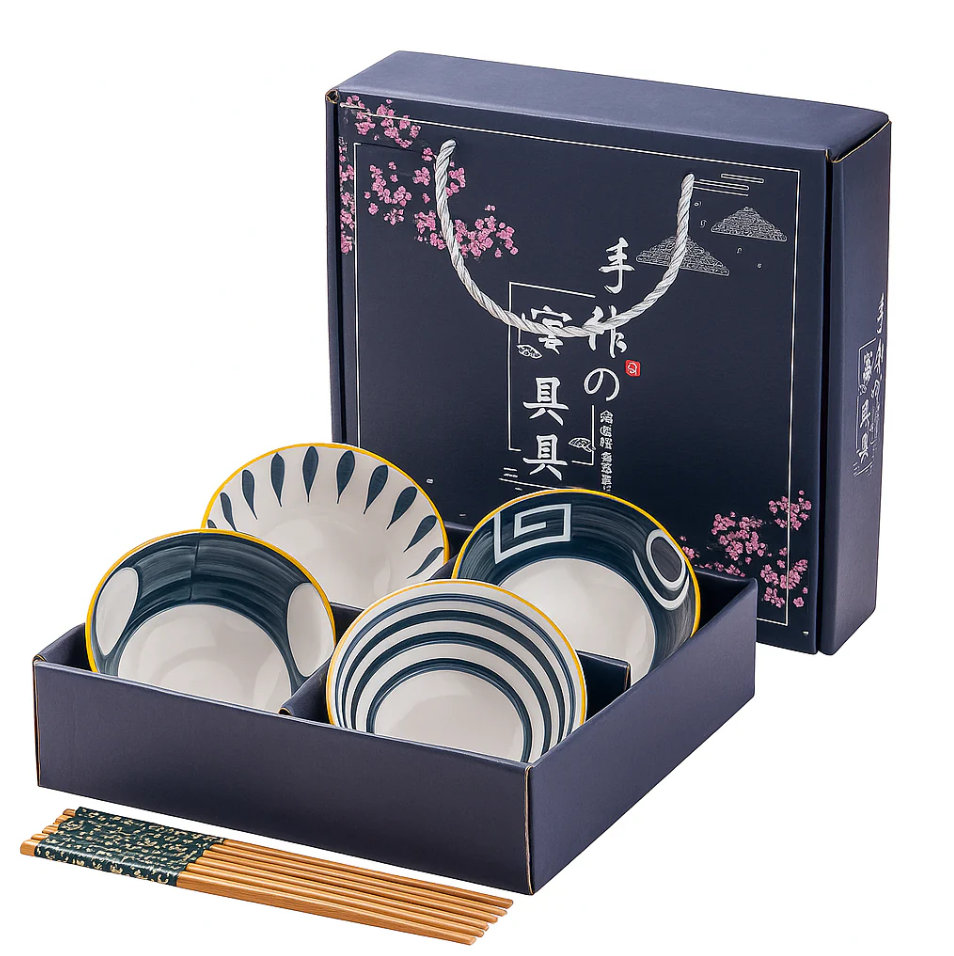 Modern Indigo Ceramic Bowls Set with Chopsticks - All-In-One Store Pakistan
