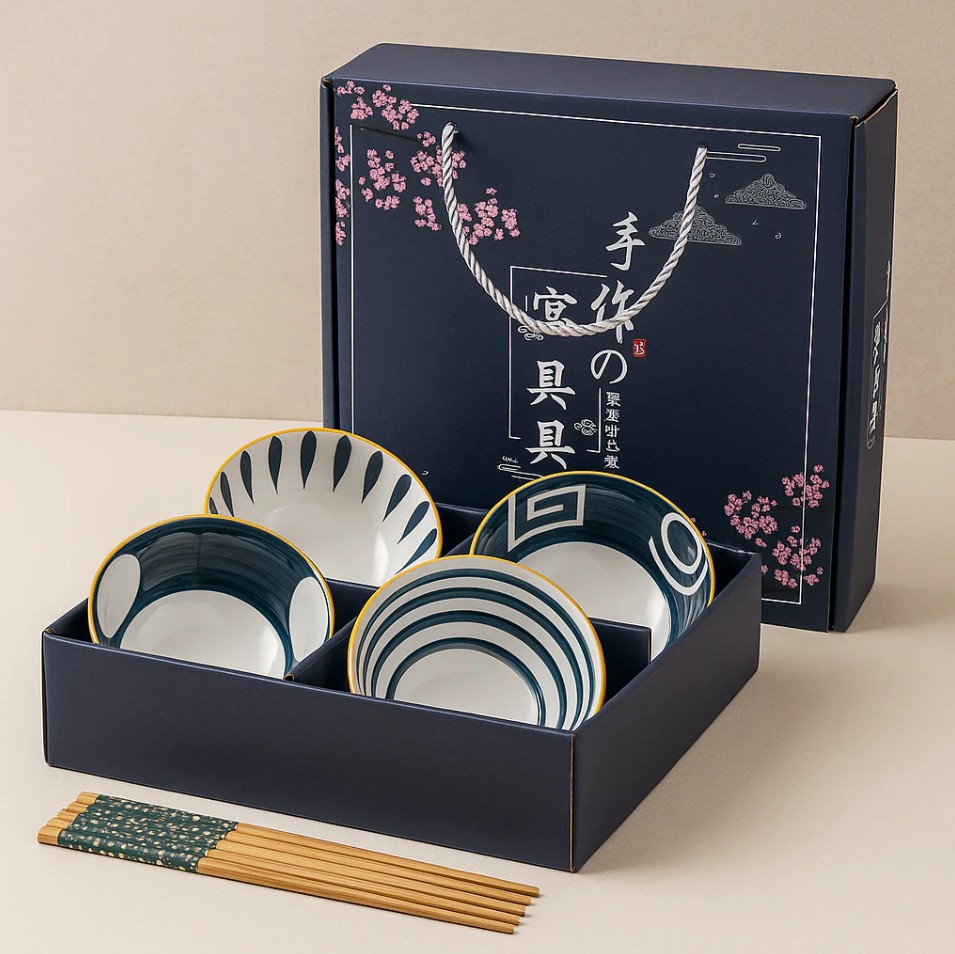 Modern Indigo Ceramic Bowls Set with Chopsticks - All-In-One Store Pakistan