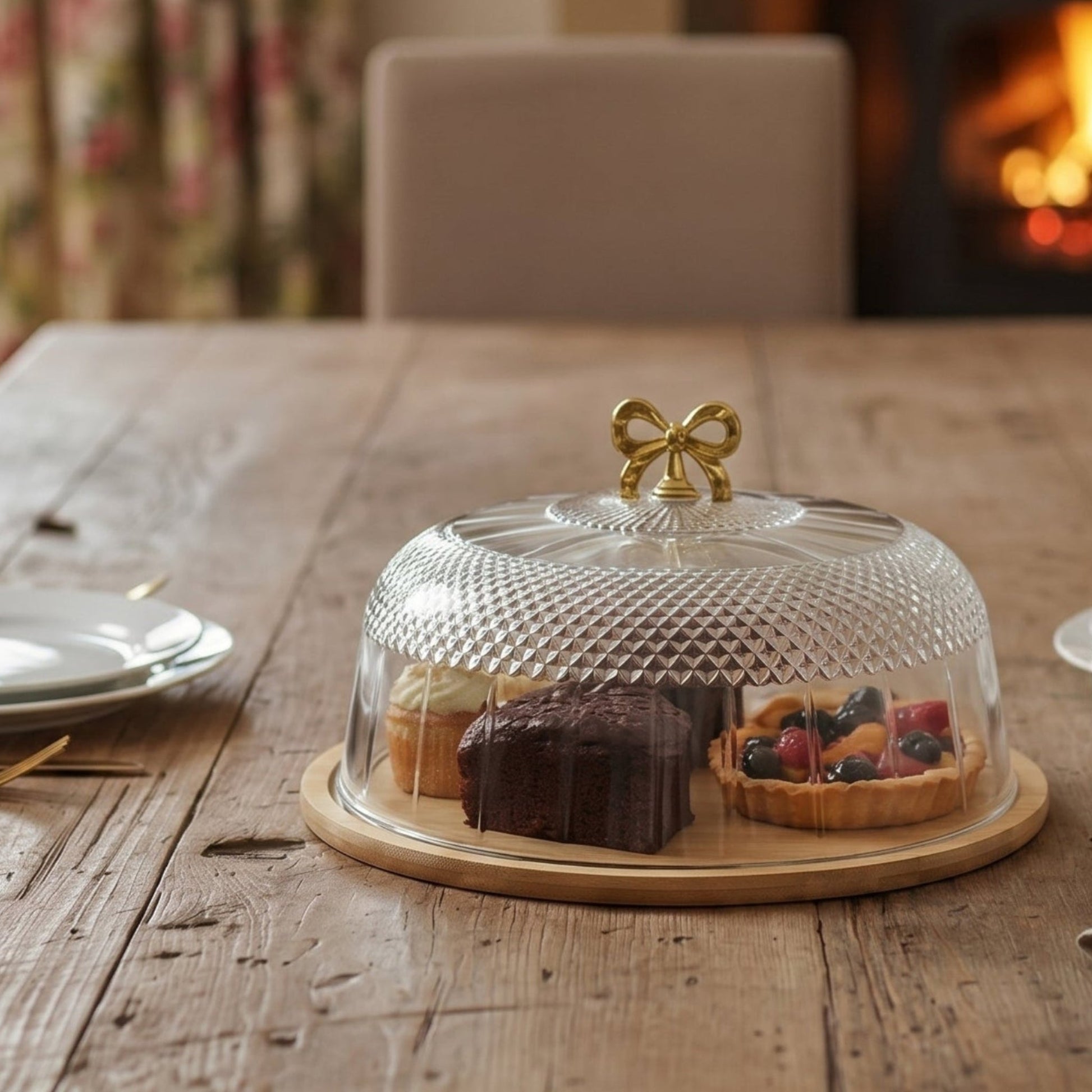 CrystalDome Dessert Server with Bamboo Tray - All-In-One Store Pakistan
