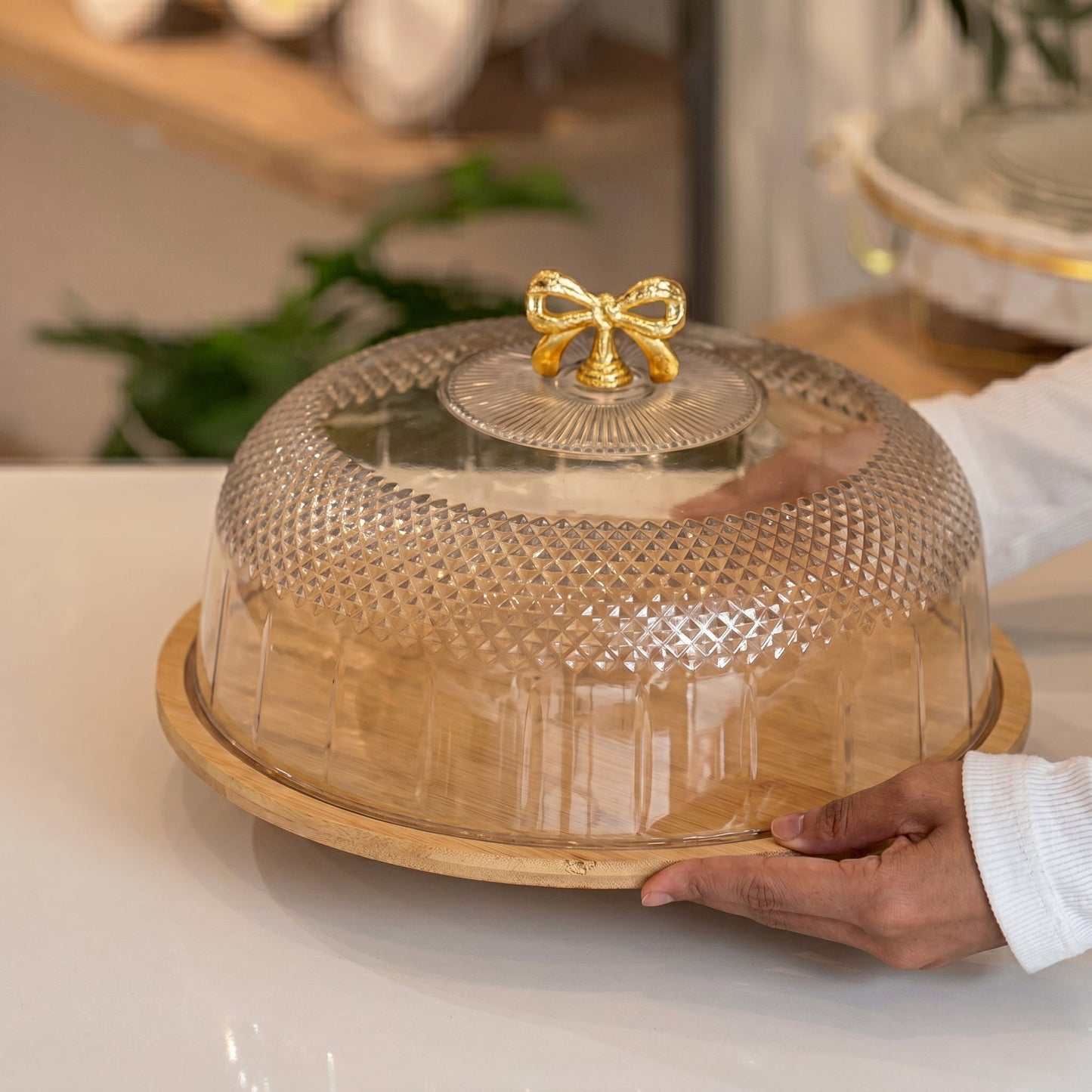 CrystalDome Dessert Server with Bamboo Tray - All-In-One Store Pakistan