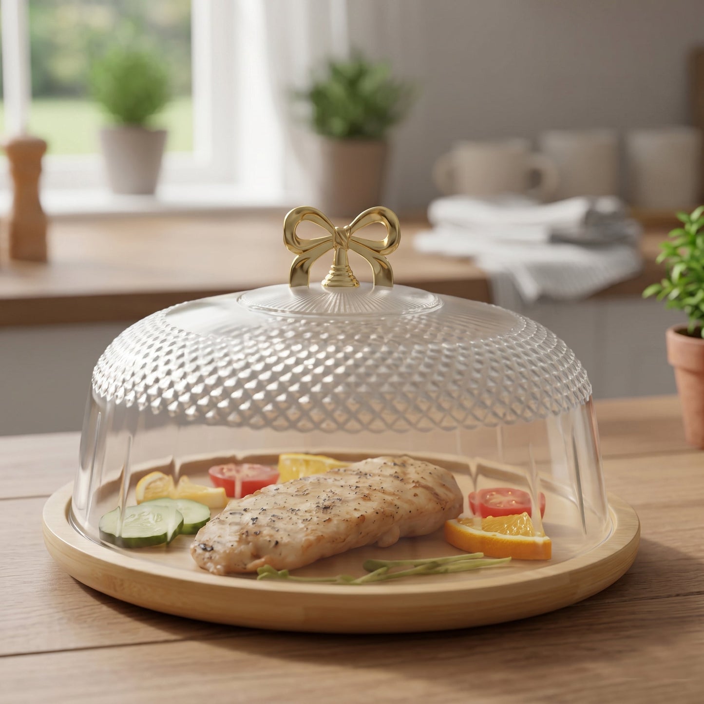 CrystalDome Dessert Server with Bamboo Tray - All-In-One Store Pakistan