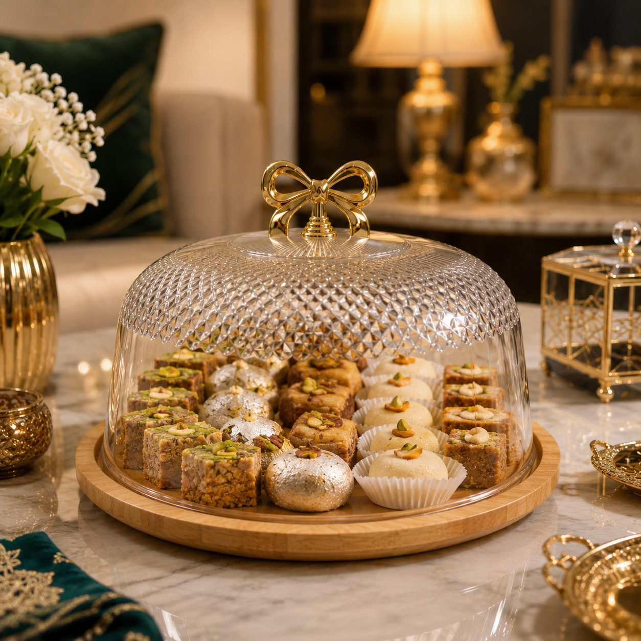 CrystalDome Dessert Server with Bamboo Tray - All-In-One Store Pakistan