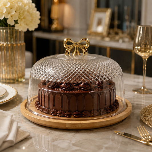 CrystalDome Dessert Server with Bamboo Tray - All-In-One Store Pakistan