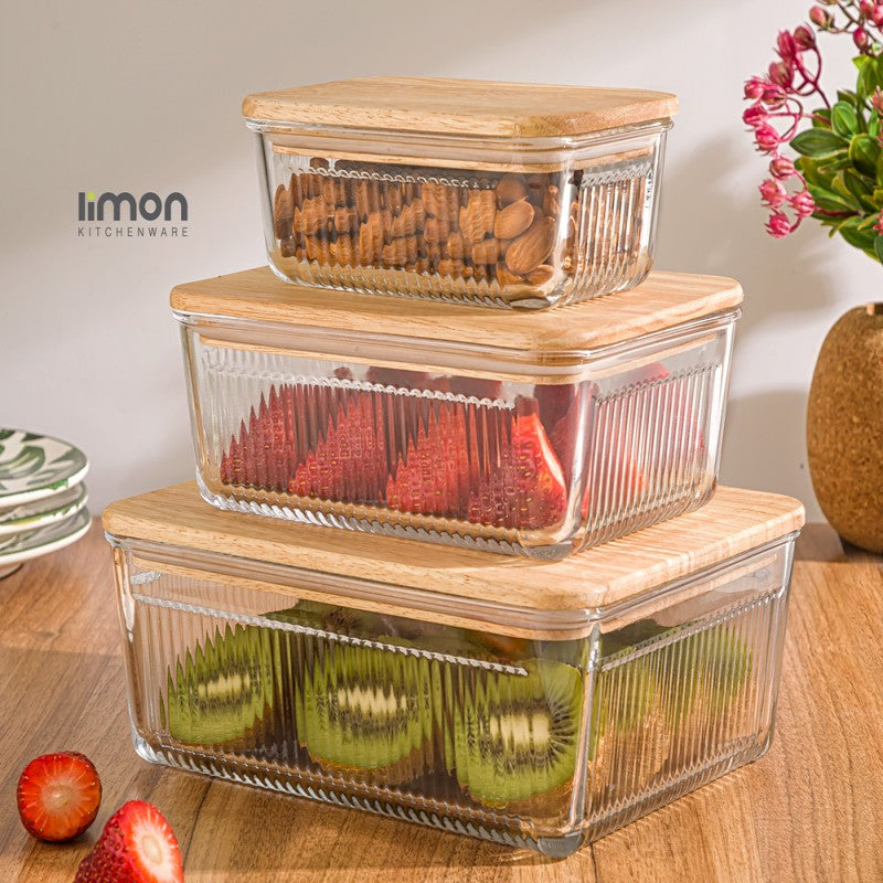 Robust 3-Piece Glass Container Set with Wooden Lid (2211) By Limon - All-In-One Store Pakistan