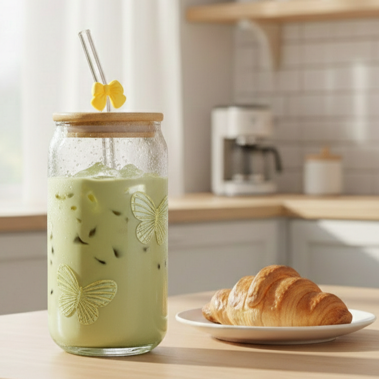 LumiButterfly Glass Tumbler with Straw - All-In-One Store Pakistan