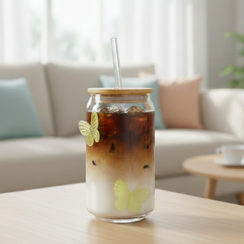 LumiButterfly Glass Tumbler with Straw - All-In-One Store Pakistan