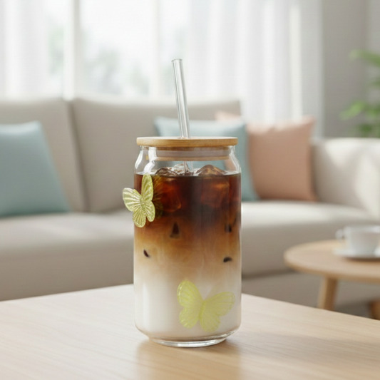 LumiButterfly Glass Tumbler with Straw - All-In-One Store Pakistan