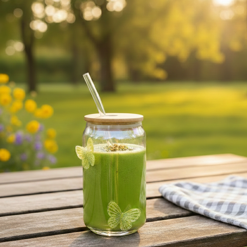 LumiButterfly Glass Tumbler with Straw - All-In-One Store Pakistan