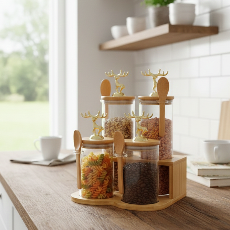 TintedGold 4-Pcs Airtight Storage Jars Set (1105) with Bamboo Spoon & Stand - All-In-One Store Pakistan