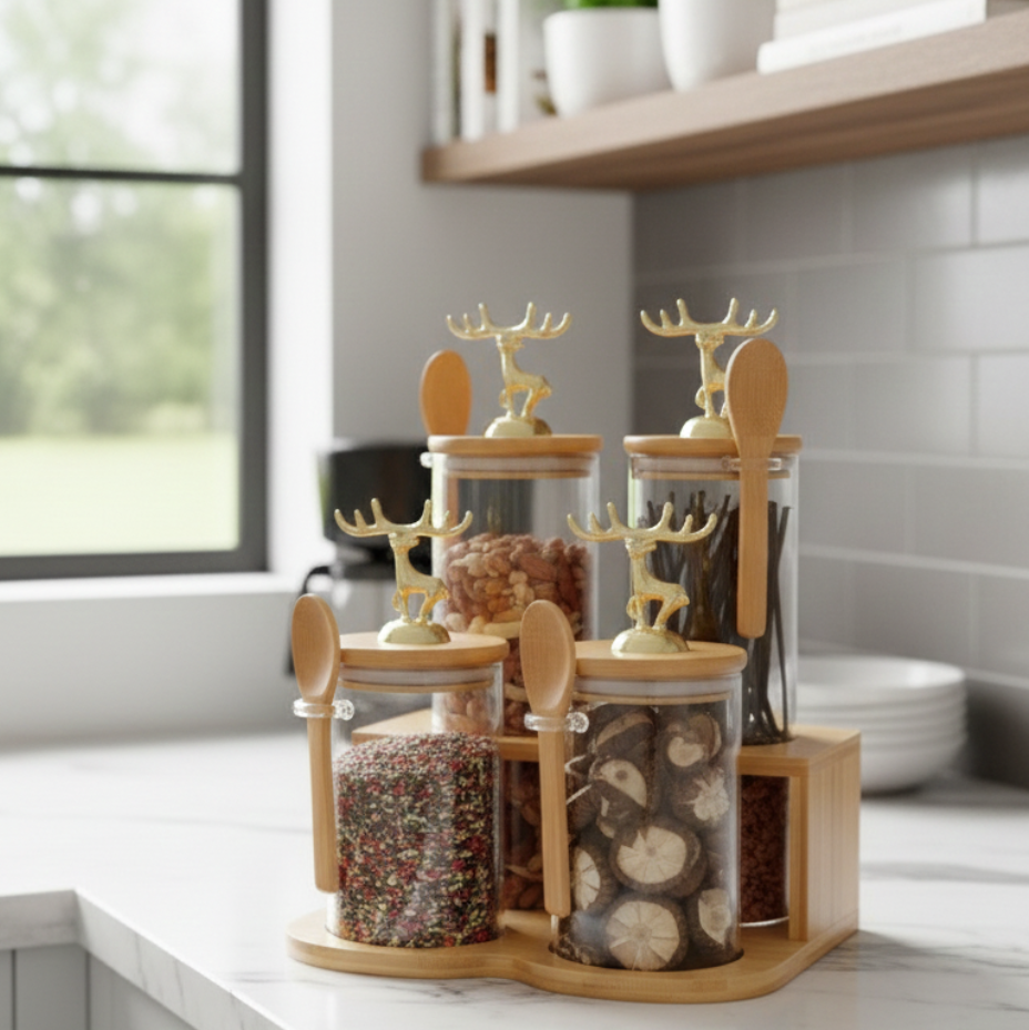 TintedGold 4-Pcs Airtight Storage Jars Set (1105) with Bamboo Spoon & Stand - All-In-One Store Pakistan