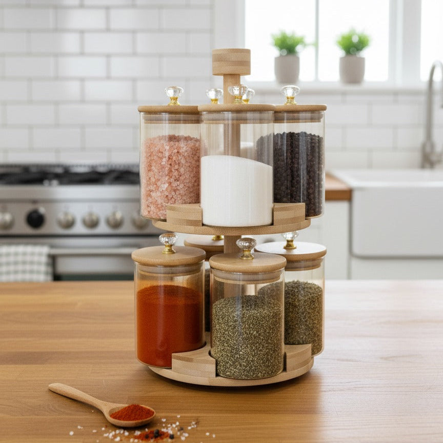 360° Rotating 2-Tier BambooLuxe Spice Tower (1108) - All-In-One Store Pakistan