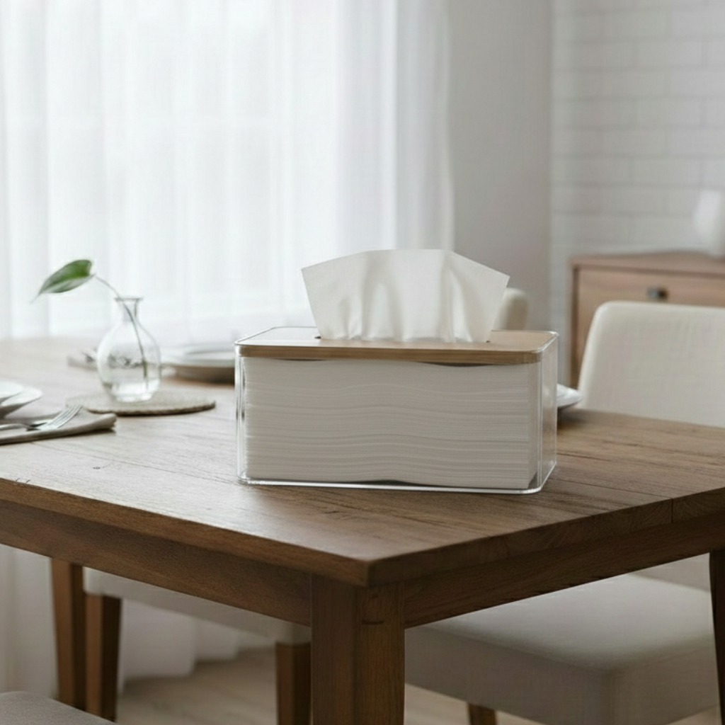 Crystal Clear Tissue Box with Wooden Lid - All-In-One Store Pakistan