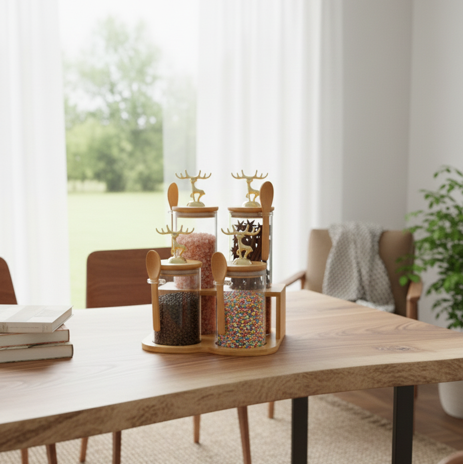 TintedGold 4-Pcs Airtight Storage Jars Set (1105) with Bamboo Spoon & Stand - All-In-One Store Pakistan
