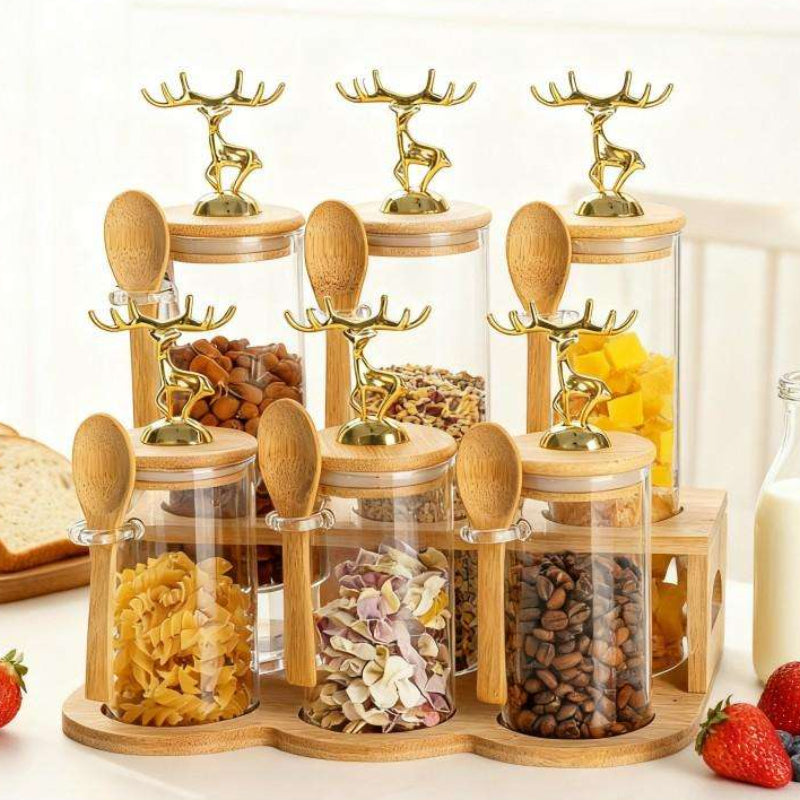 TintedGold 6-Pcs Airtight Storage Jars Set (1106) with Bamboo Spoon & Stand - All-In-One Store Pakistan