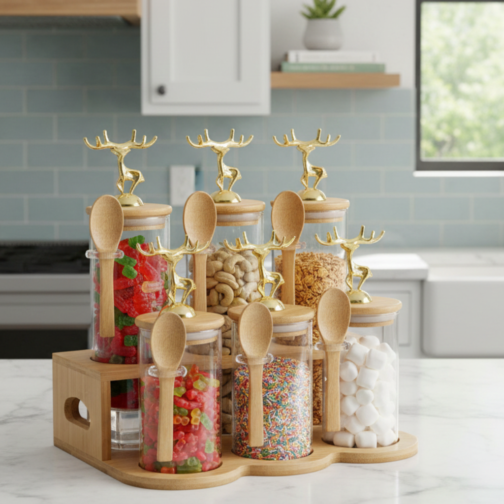 TintedGold 6-Pcs Airtight Storage Jars Set (1106) with Bamboo Spoon & Stand - All-In-One Store Pakistan