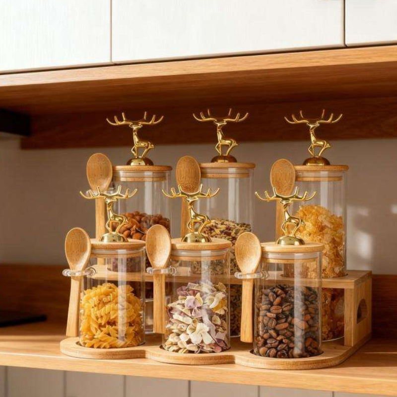 TintedGold 6-Pcs Airtight Storage Jars Set (1106) with Bamboo Spoon & Stand - All-In-One Store Pakistan