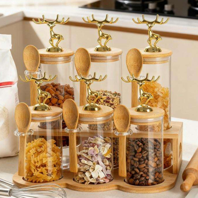 TintedGold 6-Pcs Airtight Storage Jars Set (1106) with Bamboo Spoon & Stand - All-In-One Store Pakistan